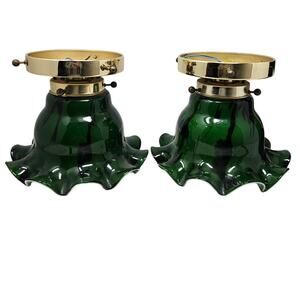 2 Vintage 70s Blown Glass Green Black Swirl Flush Mount Light Fixtures Boho